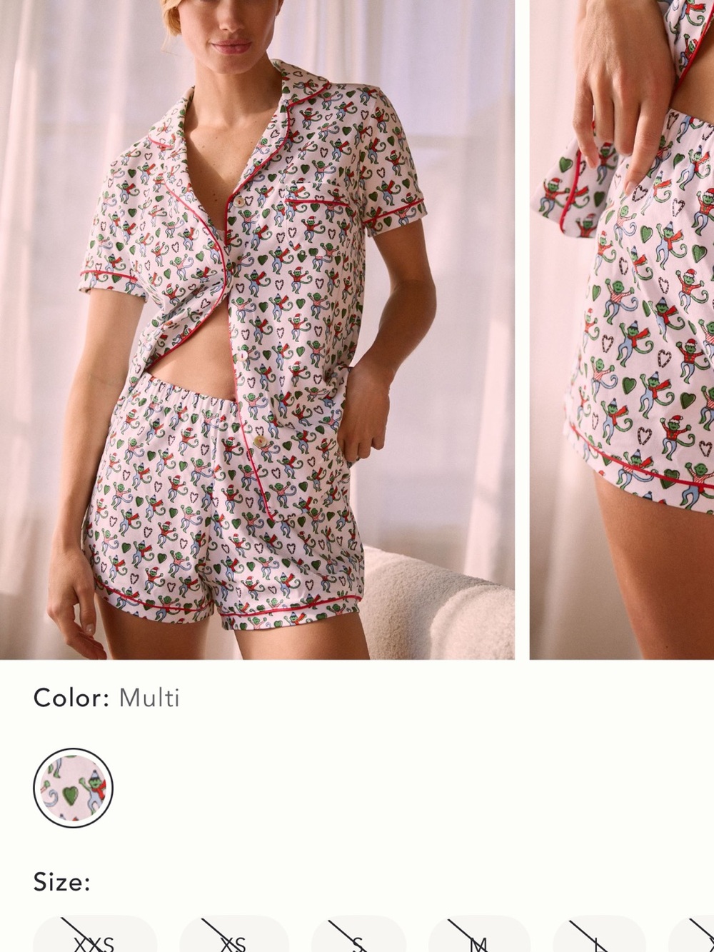 Roller Rabbit Multi Heart-Print Short Pajama Set in Pink with Red Trim